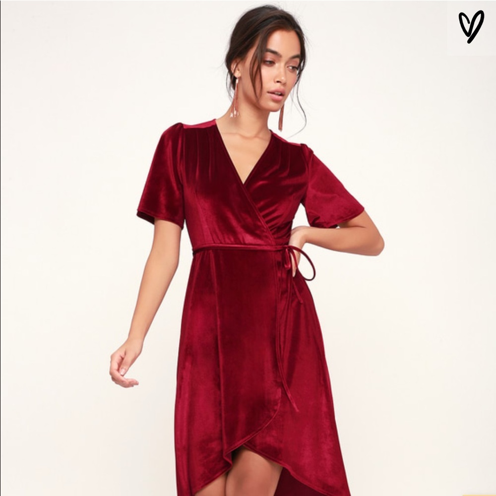 NWT Lulu’s Wine Red Velvet High-Low Wrap Dress
